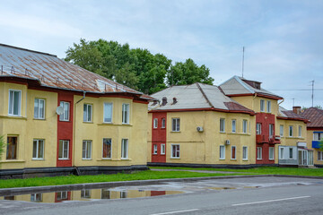 Fototapeta na wymiar Old houses on the main street of the city of Guryevsk