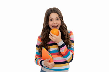 just one bite. knowledge. happy kid girl with orange and school notebook. vitamin and dieting