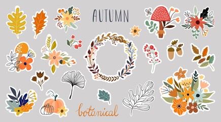 Autumn botanical stickers collection with seasonal plants arrangement - obrazy, fototapety, plakaty