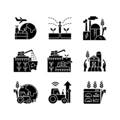Agricultural business black glyph icons set on white space. Ecological farming. Farm modernization and innovation. Monitoring and management. Silhouette symbols. Vector isolated illustration