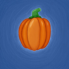 Orange raster volumetric pumpkin drawn with a pencil on a blue background. Postcard, illustration, drawing.