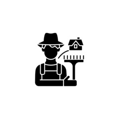 Rural workers black glyph icon. Man stands near barn. Labourer with tool. Rural area life. Farmer in village. Grow and produce food. Silhouette symbol on white space. Vector isolated illustration