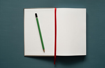notebook with space for text, red tab, green pencil, on a painted background, photo from above