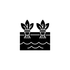 Hydroponics black glyph icon. Grow plants without soil. Farming herbs and vegetables in water. Use nutrients for plants. Silhouette symbol on white space. Vector isolated illustration