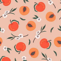 colorful peaches and sliced pieces seamless pattern. hand drawn background, design for paper, cover, fabric, packaging, interior decor