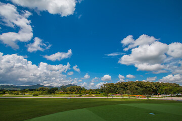 green farm sky clouds beautiful mountains good weather