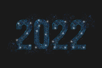 Abstract isolated blue image of new year number 2022. Polygonal low poly wireframe illustration looks like stars in the blask night sky in spase or flying glass shards. Digital web, internet design. © Katsiaryna