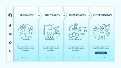 Humanitarian aid onboarding vector template. Responsive mobile website with icons. Web page walkthrough 4 step screens. Humanity, impartiality color concept with linear illustrations