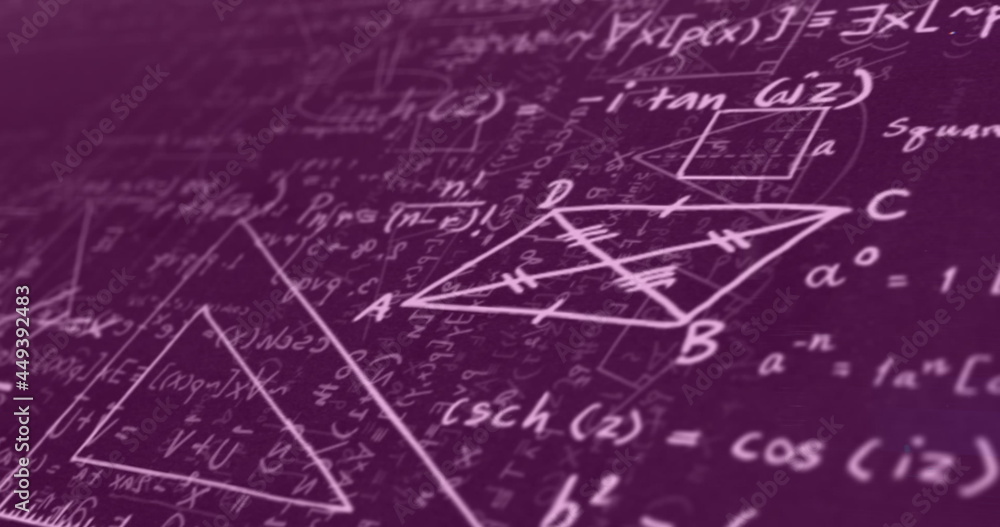 Poster multiple changing numbers and alphabets against mathematical equations on purple background