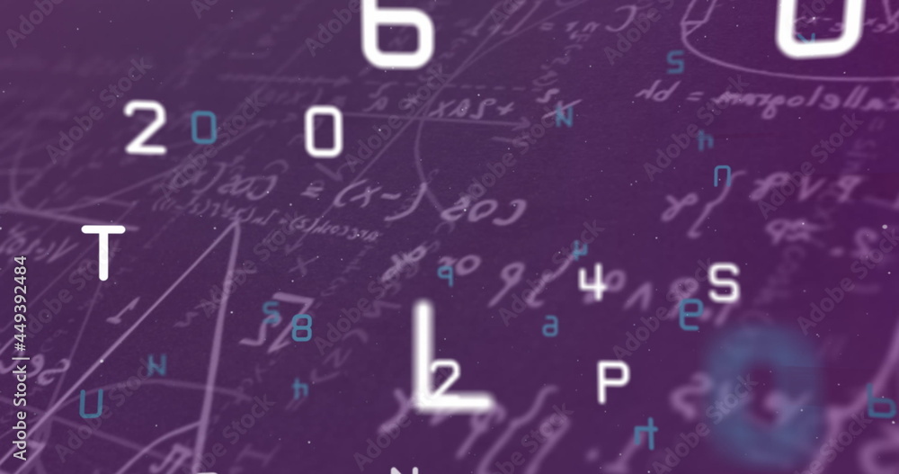 Aufkleber multiple changing numbers and alphabets against mathematical equations on purple background