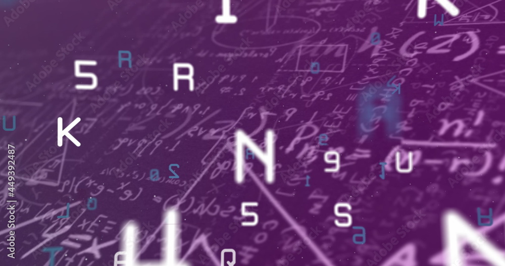 Aufkleber multiple changing numbers and alphabets against mathematical equations on purple background