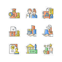 Business development RGB color icons set. Company staff. Short-term deposit. Plants, building ownership. Trademark. Bank draft. Isolated vector illustrations. Simple filled line drawings collection