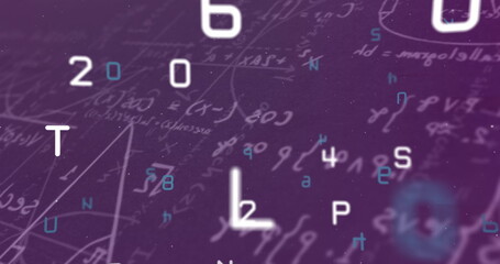 Multiple changing numbers and alphabets against mathematical equations on purple background