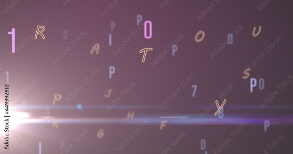 Poster digital image of multiple changing numbers and alphabets against spot of light on purple backgro