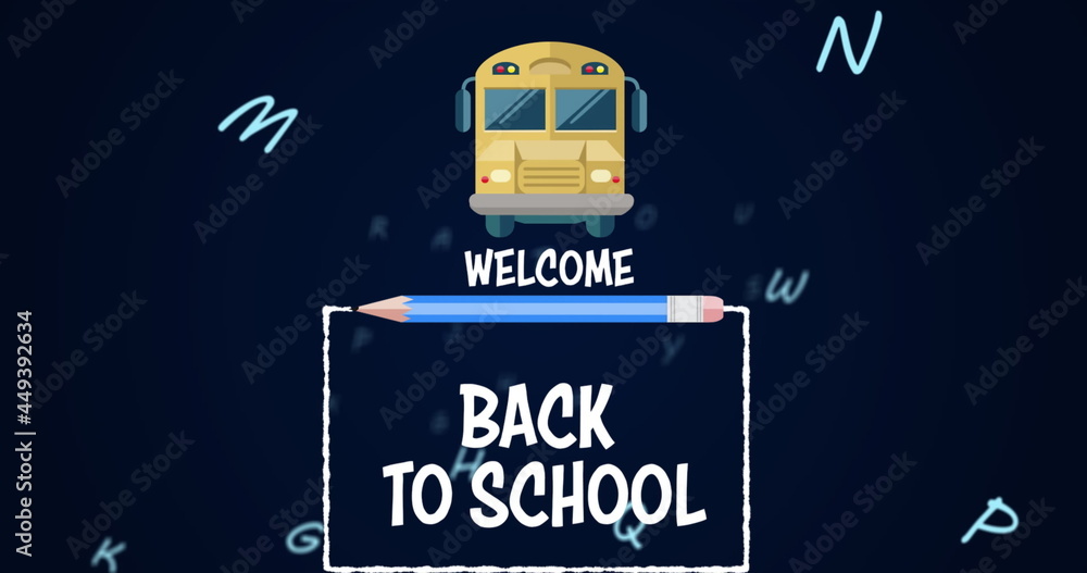 Poster digital image of welcome back to school text against school bus icon against multiple alphabets