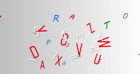 Digital image of multiple changing numbers and alphabets against grey background