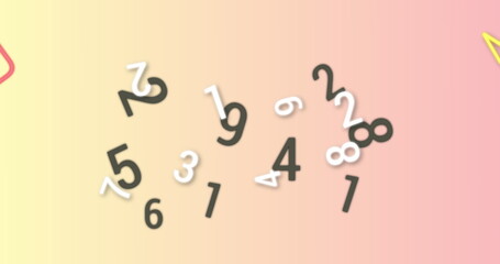 Digital image of multiple changing numbers and alphabets against pink background