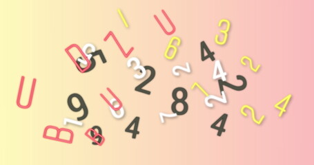 Digital image of multiple changing numbers and alphabets against pink background