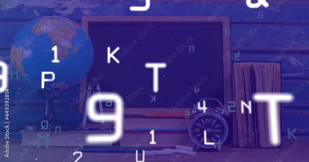 Aufkleber digital composition of multiple changing alphabets and numbers against school stationary items