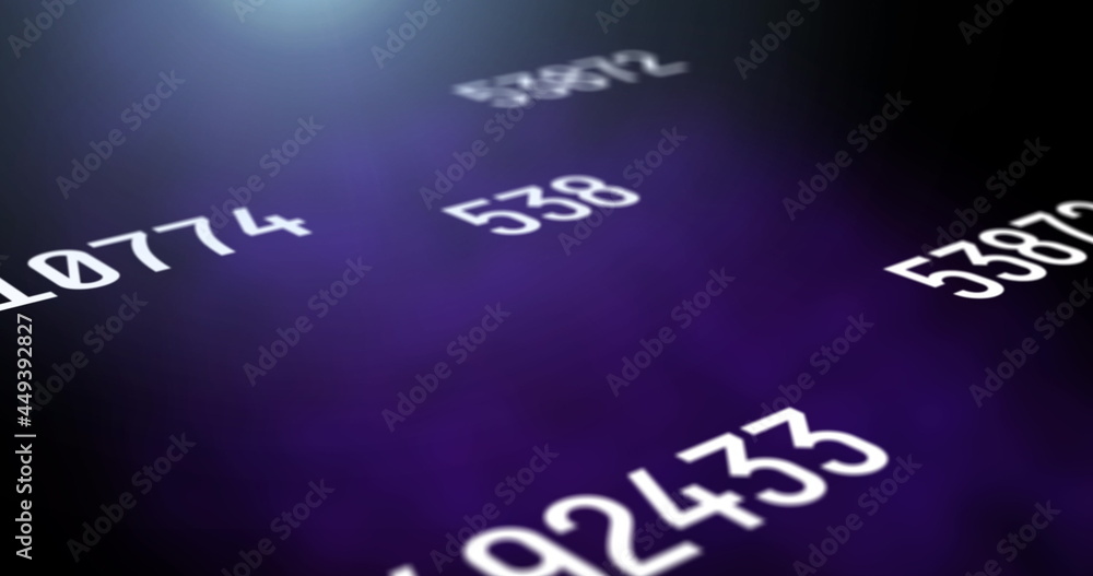 Poster digital image of multiple changing numbers against spots of light on purple background