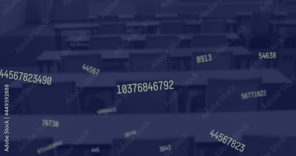Poster digital composition of multiple changing numbers floating against empty classroom in background