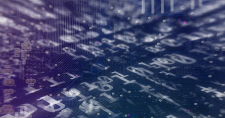 Digital image of binary coding data processing against microprocessor connections in background