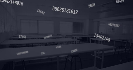 Digital composition of multiple changing numbers floating against empty classroom in background