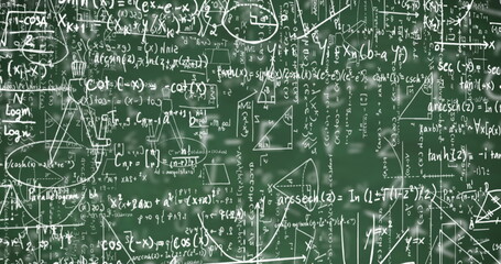 Digital image of mathematical equations moving against mathematical symbols on green background