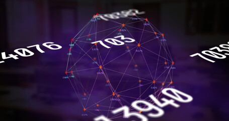Changing numbers and globe of network of connections spinning against empty office