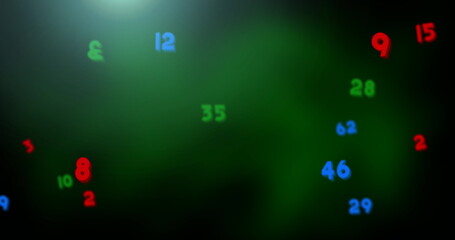 Digital image of multicolored numbers floating and moving against grey background