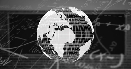 Digital image of globe spinning against mathematical equations on black background