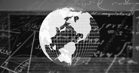 Digital image of globe spinning against mathematical equations on black background