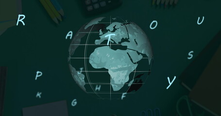 Digital composition of multiple alphabets floating over spinning globe against school stationary ite