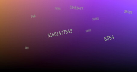 Obraz premium Digital image of multiple changing numbers floating against purple and orange gradient backgroun