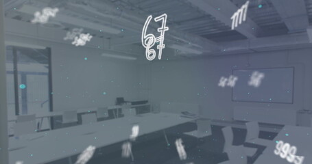 Digital composition of symbols and numbers floating against empty office in background