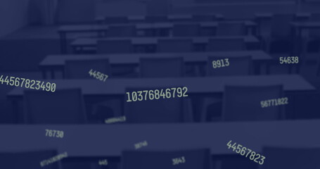 Digital composition of multiple changing numbers floating against empty classroom in background