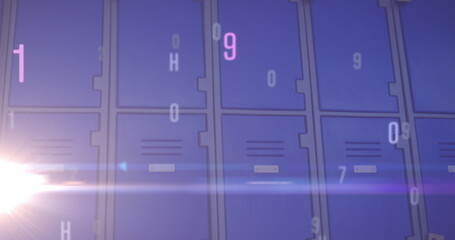Digital composition of changing numbers and alphabets and spot of light against school lockers in ba