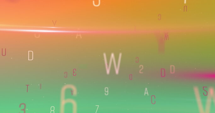 Multiple alphabets and numbers floating against green and orange gradient background