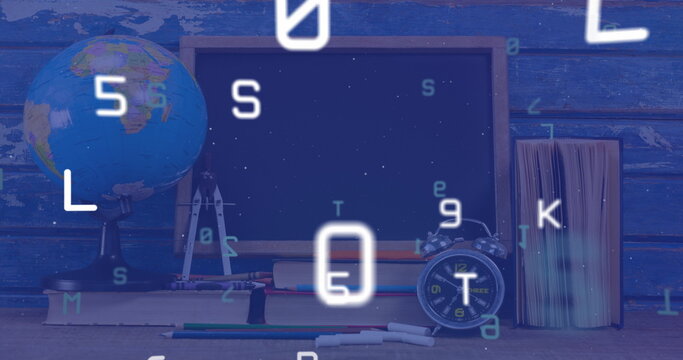 Digital composition of multiple changing alphabets and numbers against school stationary items - Powered by Adobe