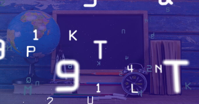 Digital composition of multiple changing alphabets and numbers against school stationary items - Powered by Adobe