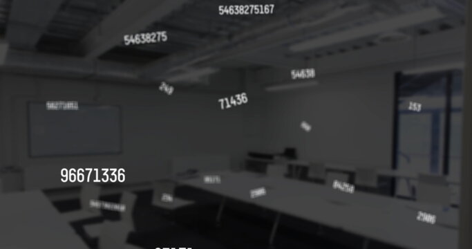 Digital composition of multiple changing numbers floating against empty office in background - Powered by Adobe