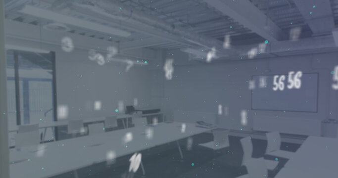 Digital composition of symbols and numbers floating against empty office in background - Powered by Adobe