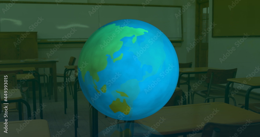Poster digital composition of changing numbers and alphabets over spinning globe against empty classroom