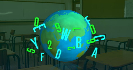 Digital composition of changing numbers and alphabets over spinning globe against empty classroom