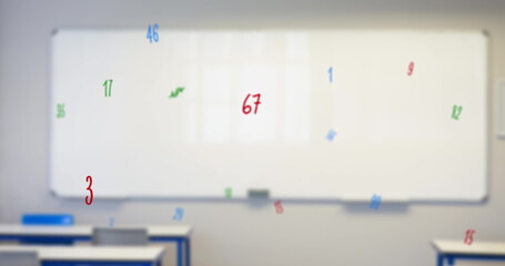 Digital composition of changing numbers and symbols floating against empty classroom