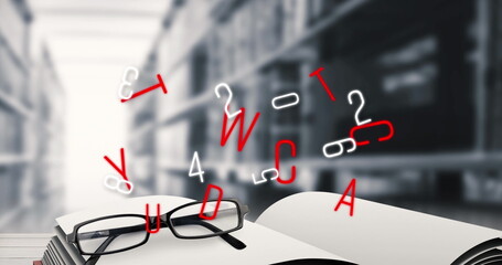 Digital composition of changing alphabets and numbers against book and glasses in library