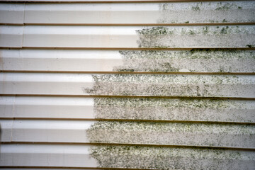 A close up look at the exterior wall of a residence where mold is being cleaned off from the vinyl...