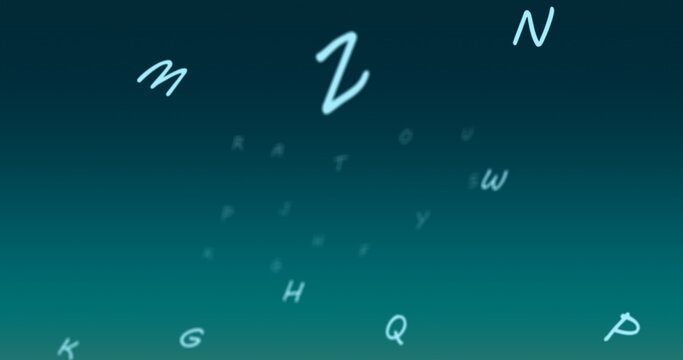 Digital image of multiple alphabets floating against green and blue gradient background