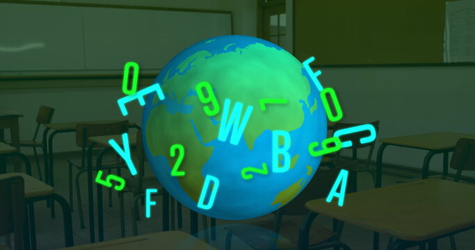 Digital composition of changing numbers and alphabets over spinning globe against empty classroom