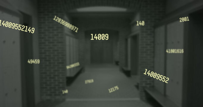 Digital composition of yellow changing numbers floating against empty school corridor - Powered by Adobe